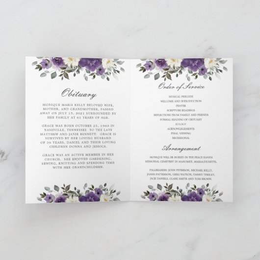 エレガントダークパープルアイボリーフローラ写真葬儀 プログラム (内部)