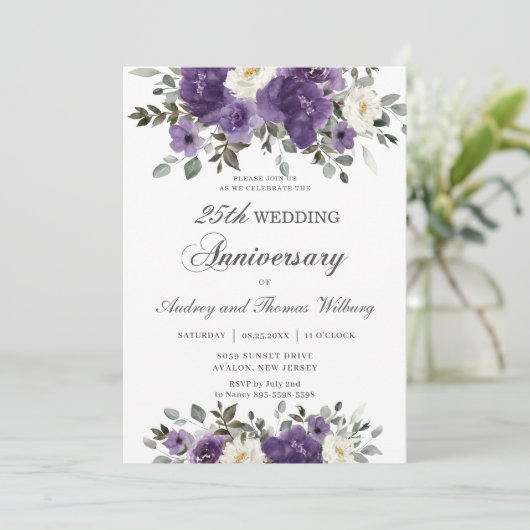 エレガントダークパープルフローラの結婚記念日 招待状 (スタンド正面)
