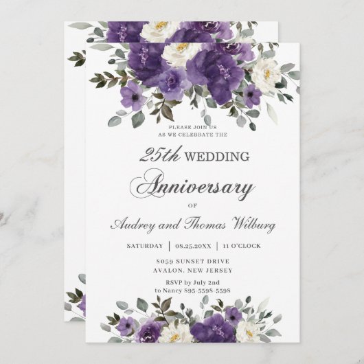 エレガントダークパープルフローラの結婚記念日 招待状 (正面/裏面)