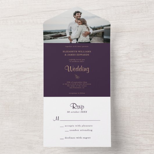 エレガントダークパープルムーディボホ結婚ズ オールインワン招待状 (内側)
