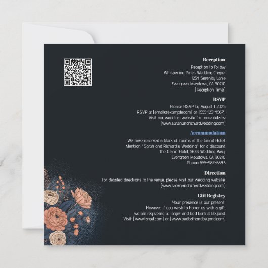エレガントダークブルーフローラデザインとピーチアクセント 招待状 (裏面)