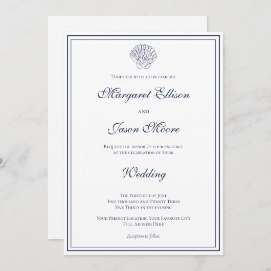 エレガントダークブルー結婚シェル 招待状 (正面/裏面)