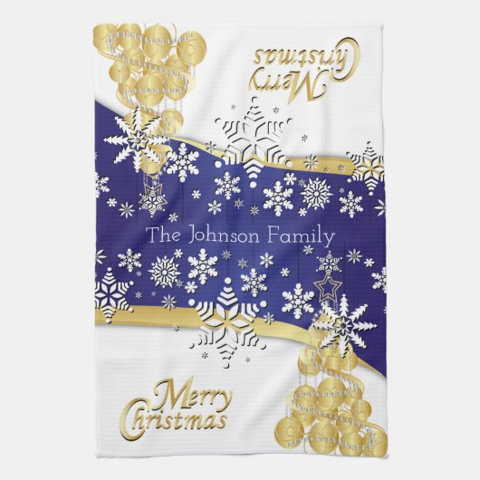 エレガントダークブルー、金ゴールド、ホワイトクリスマス キッチンタオル (縦)