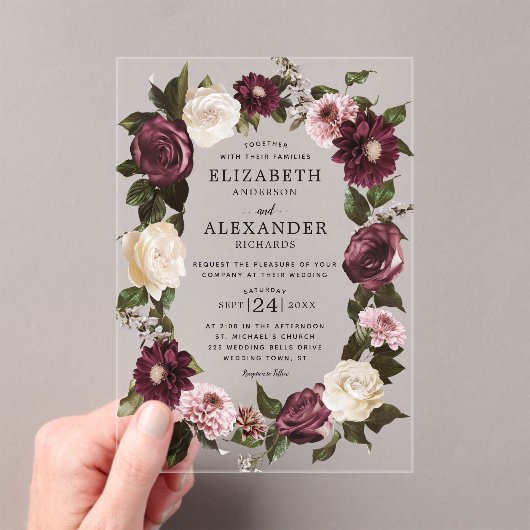 エレガントダークムーディフローラバー結婚グンディ アクリル招待状 (インサイチュ (ポータブル))