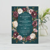 エレガントダークムーディフローラ結婚ティール(緑がかった色) 招待状 (スタンド正面)