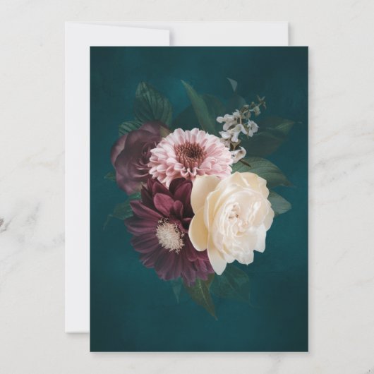 エレガントダークムーディフローラ結婚ティール(緑がかった色) 招待状 (裏面)