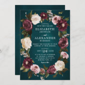 エレガントダークムーディフローラ結婚ティール(緑がかった色) 招待状 (正面/裏面)