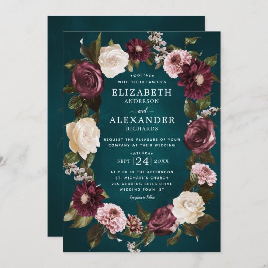 エレガントダークムーディフローラ結婚ティール（緑がかった色） 招待状 (正面/裏面)