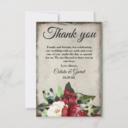 エレガントダークレッドフローラググランジレーゴシック結婚ズ サンキューカード (正面)