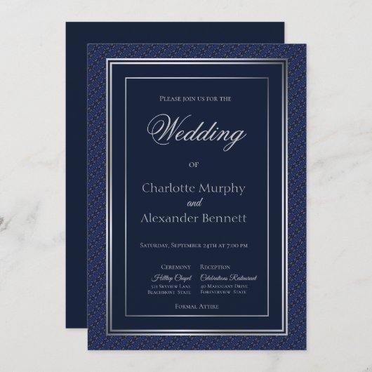 エレガントダーク縁どブル銀結婚教会 招待状 (正面/裏面)