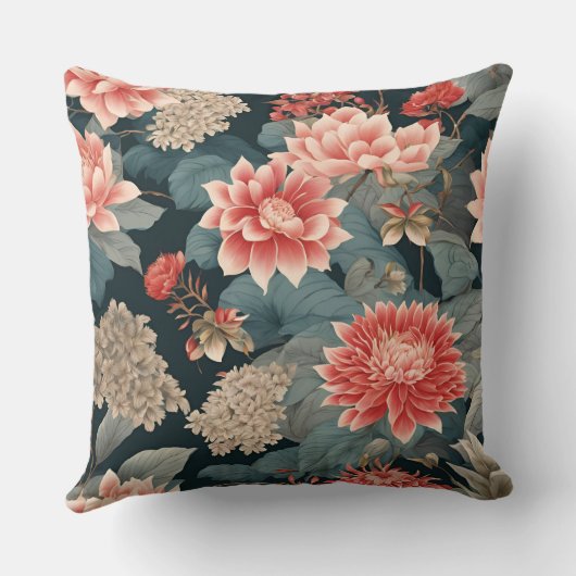 エレガントチノイスリーティール（緑がかった色）ピーチ花模様 クッション (裏面)