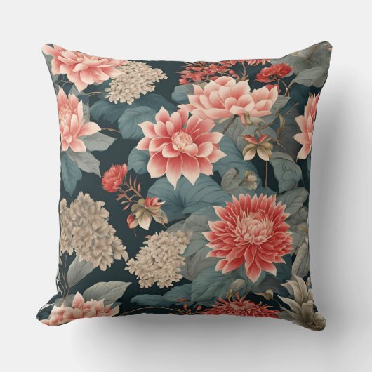 エレガントチノイスリーティール（緑がかった色）ピーチ花模様 クッション (正面)