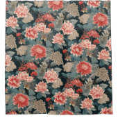 エレガントチノイスリーティール(緑がかった色)ピーチ花模様 シャワーカーテン (正面)