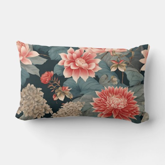 エレガントチノイスリーティール(緑がかった色)ピーチ花模様 ランバークッション (裏面)