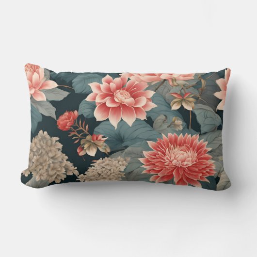 エレガントチノイスリーティール(緑がかった色)ピーチ花模様 ランバークッション (正面)