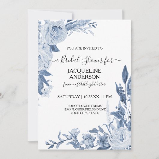 エレガントチノイスリーフローラブルーブライダルシャワー 招待状 (正面)