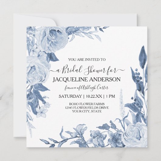 エレガントチノイスリーフローラブルーブライダルシャワー 招待状 (正面)