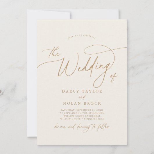 エレガントチャームアイボリー及び金ゴールド結婚式招待状 招待状 (正面)