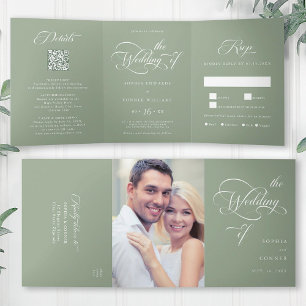 エレガントチャームスクリプ結婚トのセージ緑 三つ折り招待状