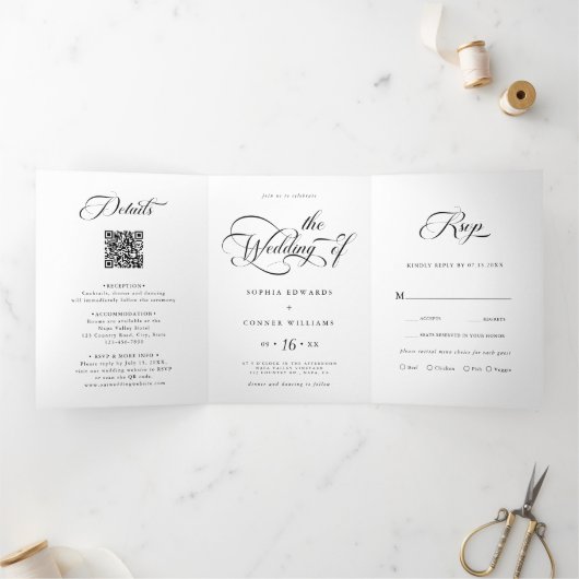 エレガントチャームス結婚クリプトの白黒 三つ折り招待状 (内部)