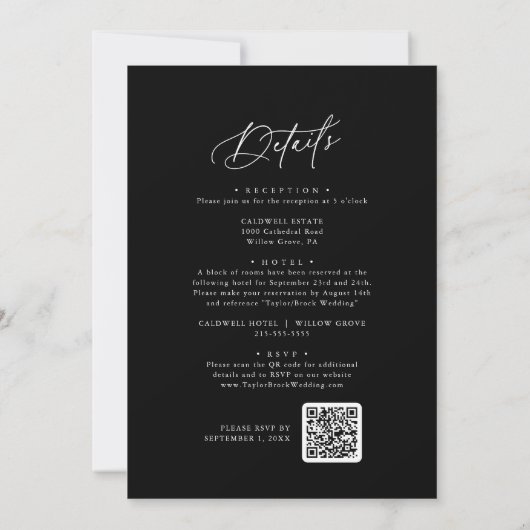 エレガントチャームブラック結婚式招待状とRSVP 招待状 (裏面)