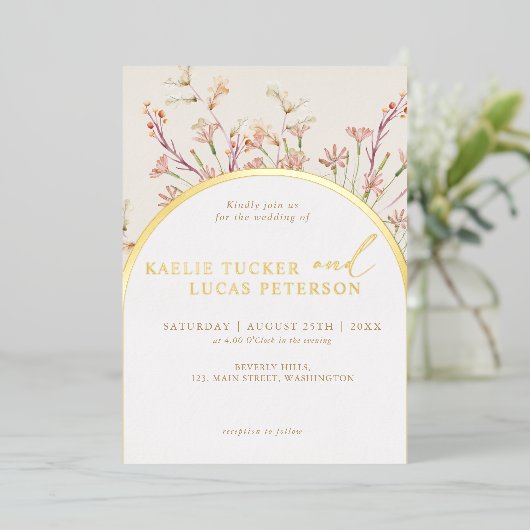 エレガントチャームワイルドフラワーアー結婚チの金ゴールド 箔招待状 (立ち正面)