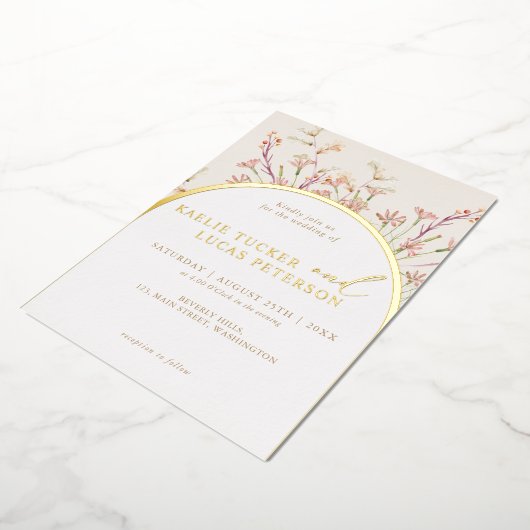 エレガントチャームワイルドフラワーアー結婚チの金ゴールド 箔招待状 (回転した状態)