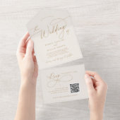 エレガントチャームQRコードアイボリーと金ゴールド結婚 オールインワン招待状 (貼ってはがせる)