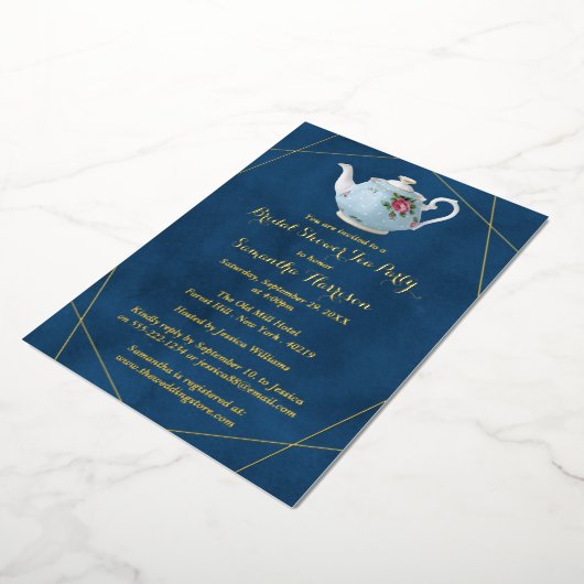 エレガントティーポットブライダルシャワーティーパーティー実在 箔招待状 (回転した状態)