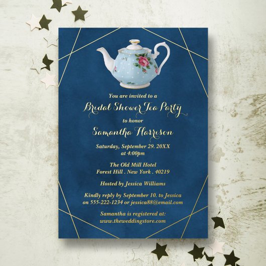 エレガントティーポットブライダルシャワーティーパーティー実在 箔招待状