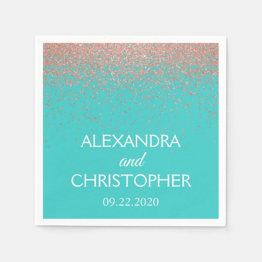 エレガントティール(緑がかった色)およびバラ金ゴールドグリッター紙吹雪結婚の スタンダードカクテルナプキン (正面)