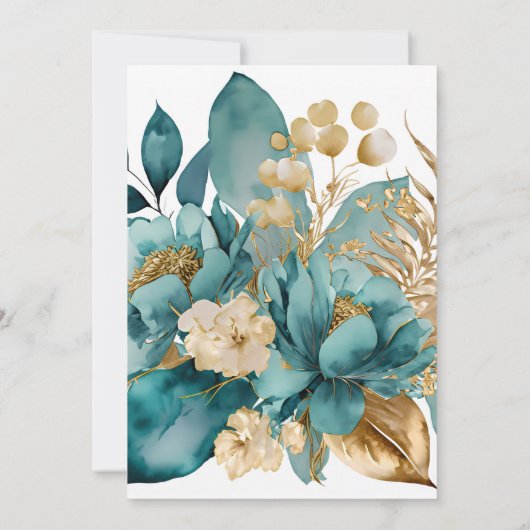 エレガントティール（緑がかった色）および金ゴールドフローラ結婚の 招待状 (裏面)