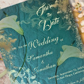 エレガントティール（緑がかった色）および金ゴールドヴィンテージフローラ結婚の セーブザデート