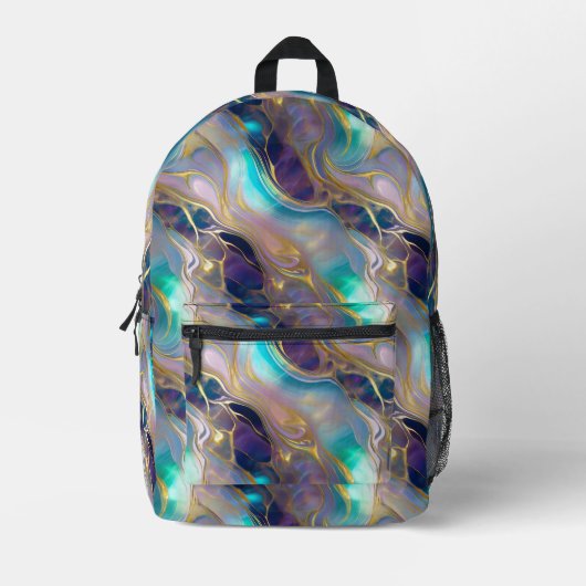 エレガントティール（緑がかった色）とパープルオパール石を持つ金ゴールド プリントバックパック (正面)