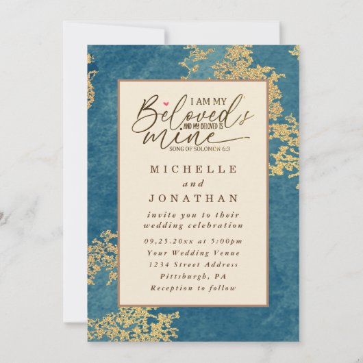 エレガントティール（緑がかった色）と金ゴールドバイブル・クリスチャン結婚ズ 招待状 (正面)