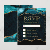 エレガントティール（緑がかった色）と金ゴールドフェイクグリッター大理石瑪瑙 出欠カード (正面/裏面)