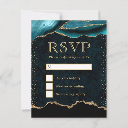 エレガントティール（緑がかった色）と金ゴールドフェイクグリッター大理石瑪瑙 出欠カード (正面)