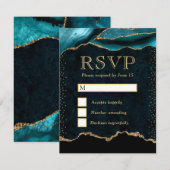 エレガントティール（緑がかった色）と金ゴールドフェイクグリッター大理石瑪瑙 出欠カード (正面/裏面)