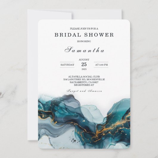 エレガントティール（緑がかった色）と金ゴールドマーブルブライダルシャワー 招待状 (正面)