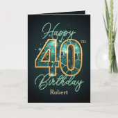 エレガントティール(緑がかった色)と金ゴールドメタリック40歳の誕生日 カード (正面)