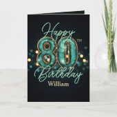 エレガントティール(緑がかった色)と金ゴールドメタリック80誕生日 カード (正面)