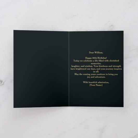 エレガントティール（緑がかった色）と金ゴールドメタリック80誕生日 カード (内部)