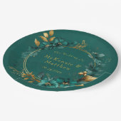 エレガントティール（緑がかった色）と金ゴールド水色フローラ結婚ズ ペーパープレート (アングル)