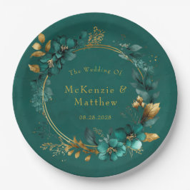 エレガントティール（緑がかった色）と金ゴールド水色フローラ結婚ズ ペーパープレート