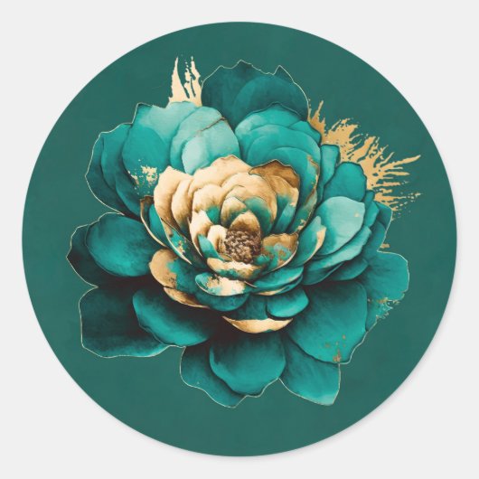 エレガントティール（緑がかった色）と金ゴールド水色フローラ結婚ズ ラウンドシール (正面)