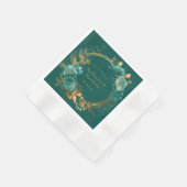 エレガントティール（緑がかった色）と金ゴールド水色フローラ結婚ズ 縁ありカクテルナプキン (角)