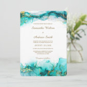 エレガントティール(緑がかった色)と金ゴールド結婚 招待状 (スタンド正面)