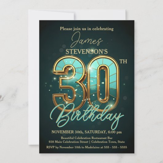 エレガントティール（緑がかった色）と金ゴールド30歳の誕生日お祝い 招待状 (正面)