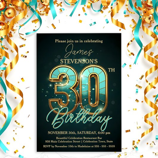 エレガントティール(緑がかった色)と金ゴールド30歳の誕生日お祝い 招待状