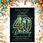 エレガントティール（緑がかった色）と金ゴールド40歳の誕生日お祝い 招待状